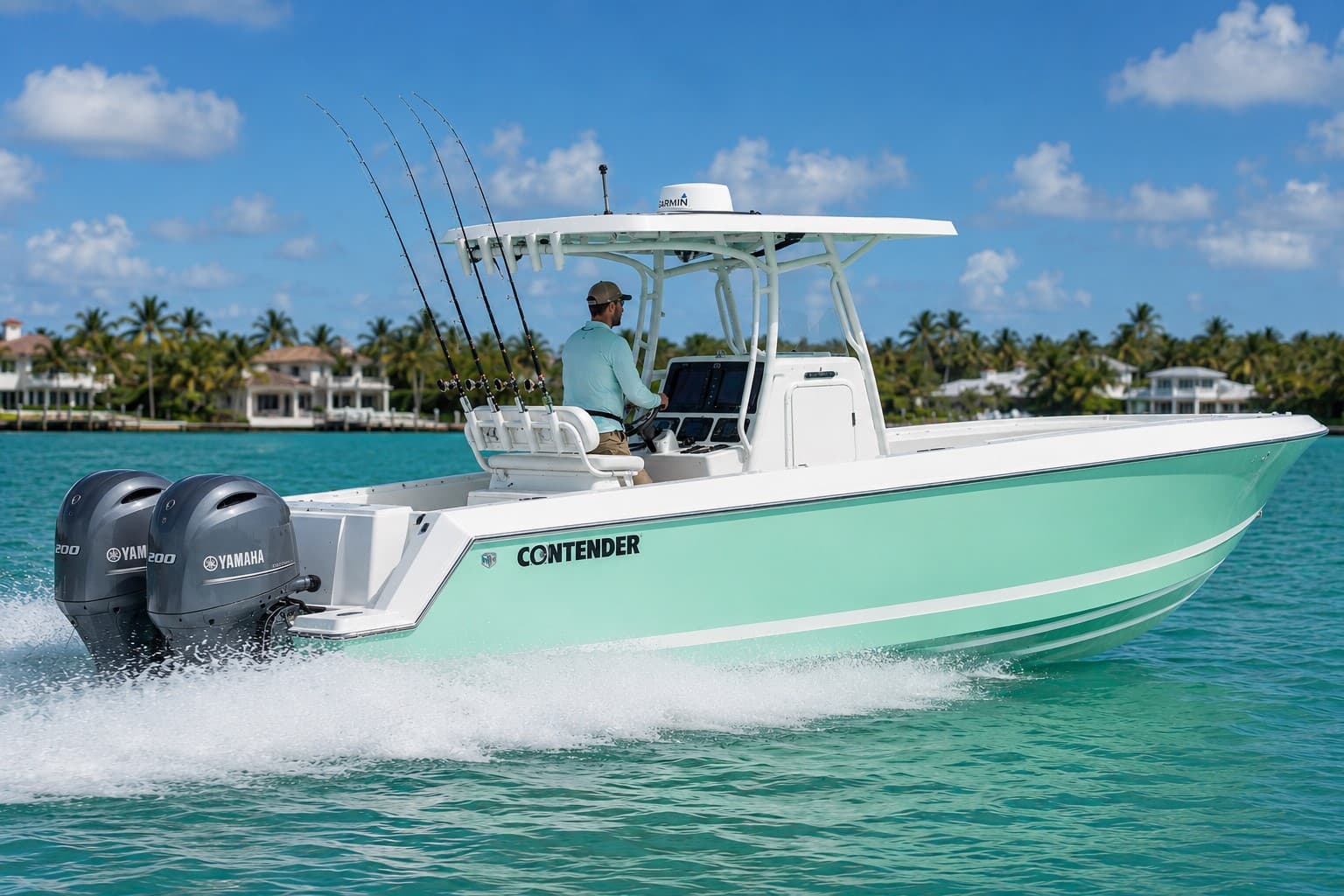 The club's 24' Contender center-console boat with twin Yamaha outboards cruising across clear turquoise water, rigged with fishing rods and a white T-top.