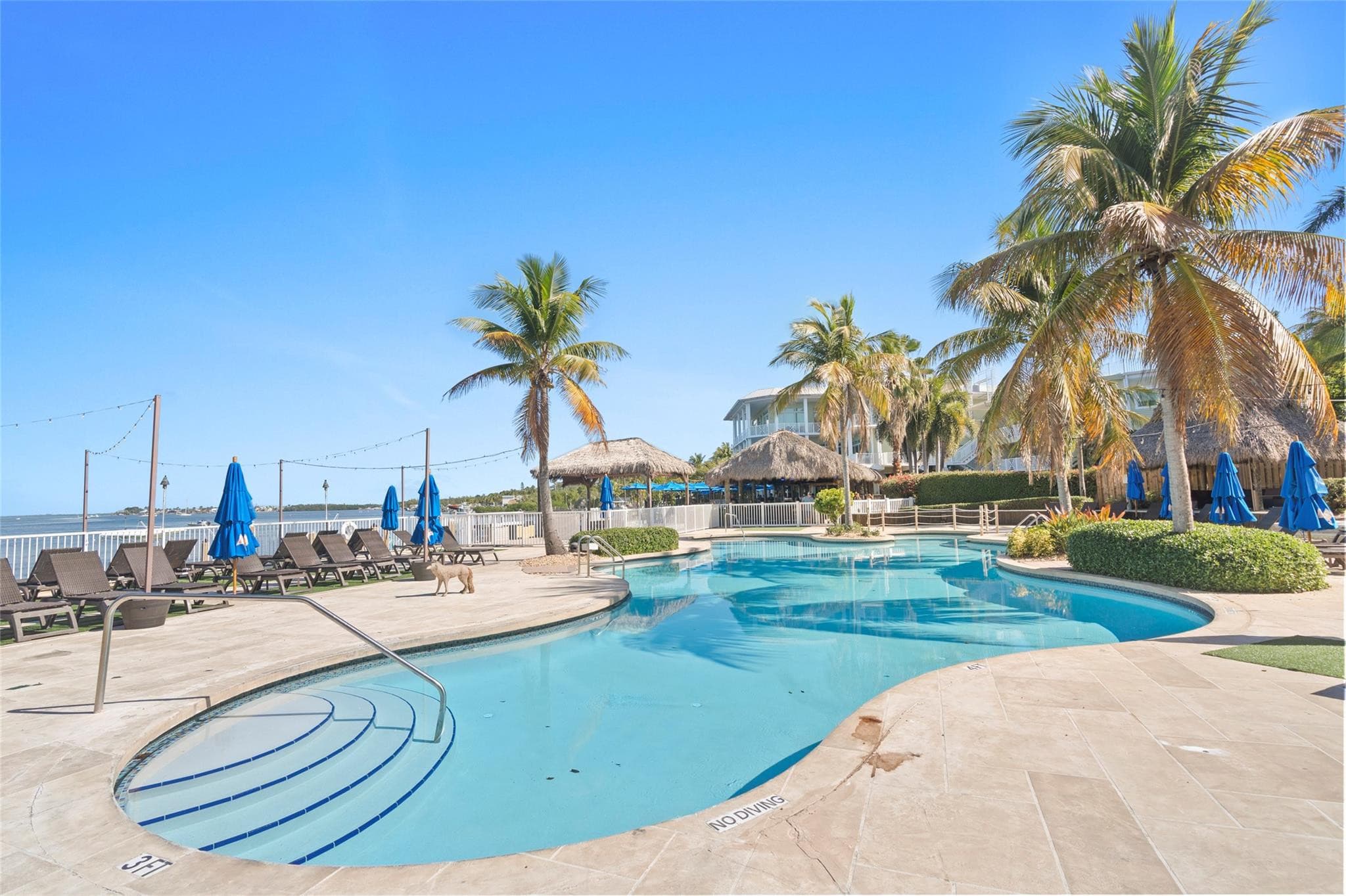 Free-form pool with mosaic steps and handrail, brown wicker loungers, closed blue umbrellas, string lights, and thatched tiki structures with the residence building behind.